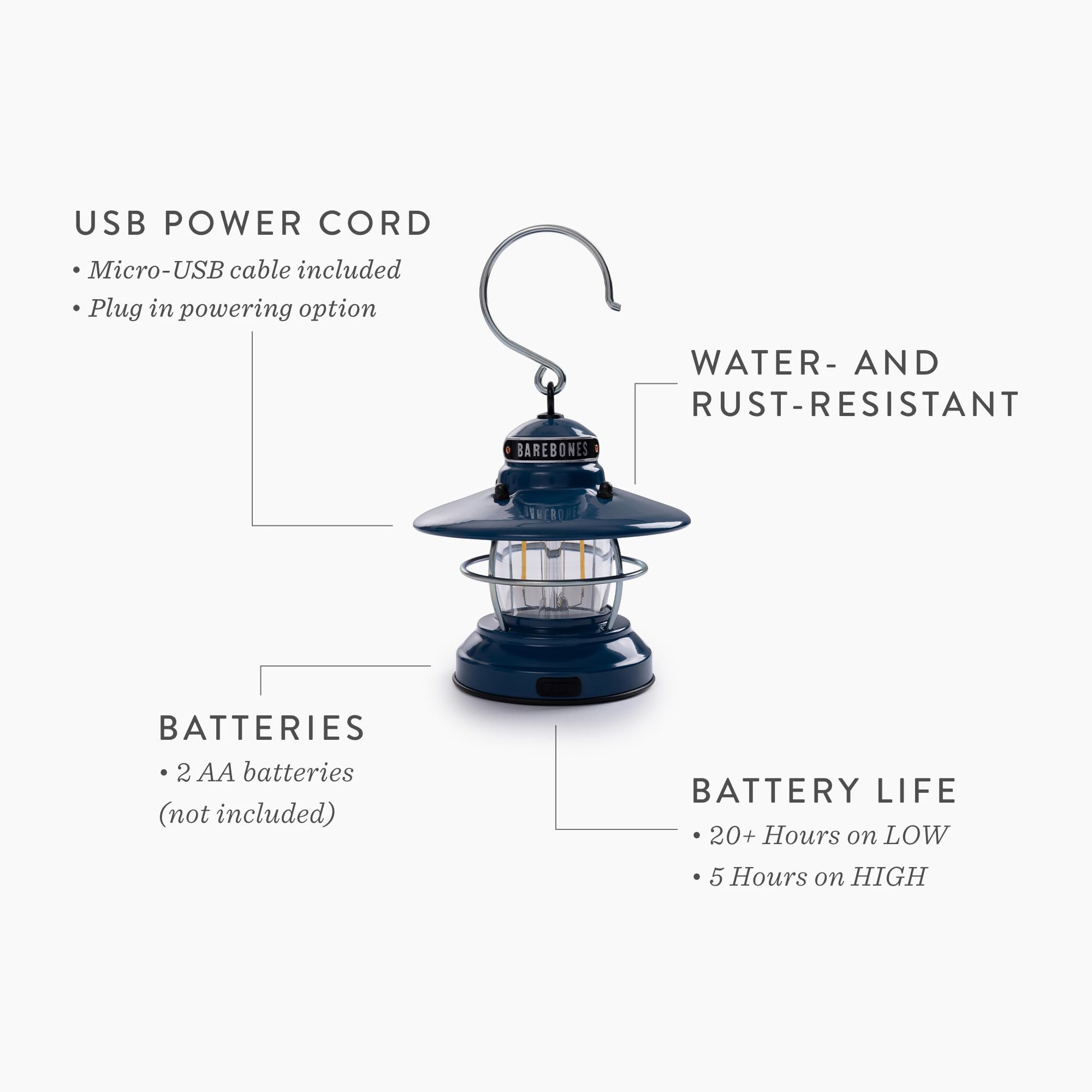 Barebones Edison Mini Lantern - Slate Gray, Vintage LED Camping Lantern with Adjustable Brightness - Compact Weatherproof Outdoo