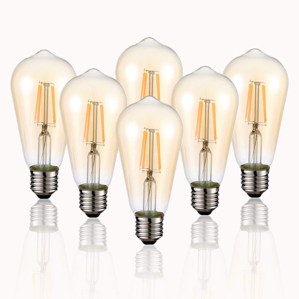 Hession Vintage Edison Led Bulb, 6-Pack St58 E26 Base 40 Watt Equivalent, Warm White 2200K-2700K, Antique Vintage Style Light, S