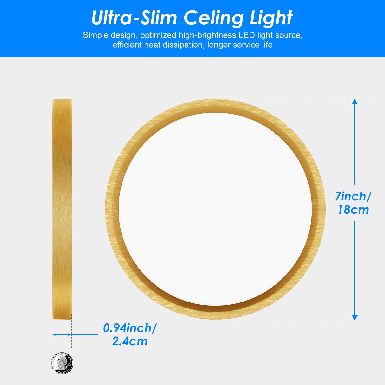 Peasur 7 Inch Led Ceiling Light Gold, 15W Slim Flush Mount Ceiling Light 3000K/4000K/6500K Adjustable, Modern Round Ceiling Ligh