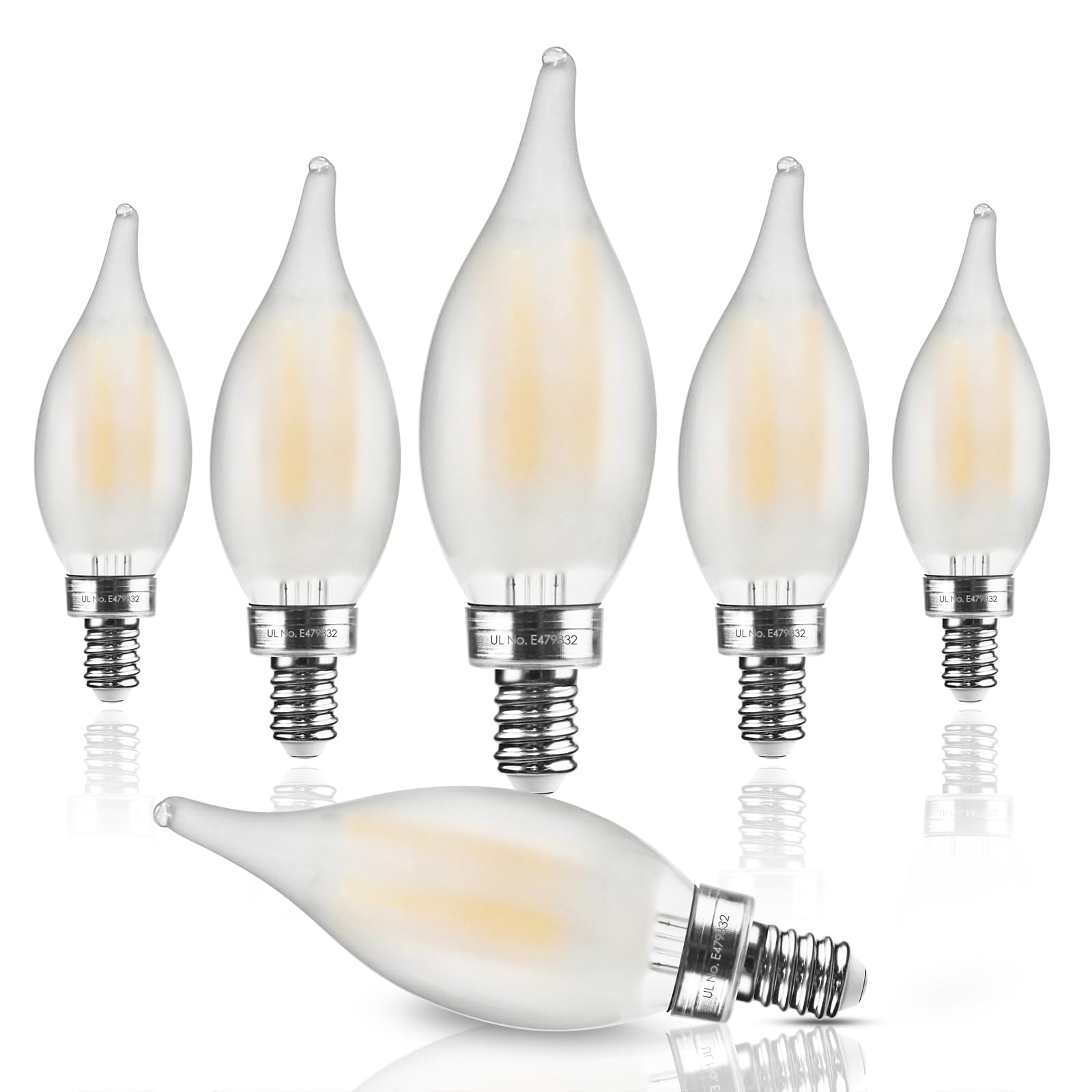 Hizashi 60W LED Dimmable Candelabra Bulbs, 2700K Soft White, Flame Tip CA11, 550LM, UL Listed, 6 Pack