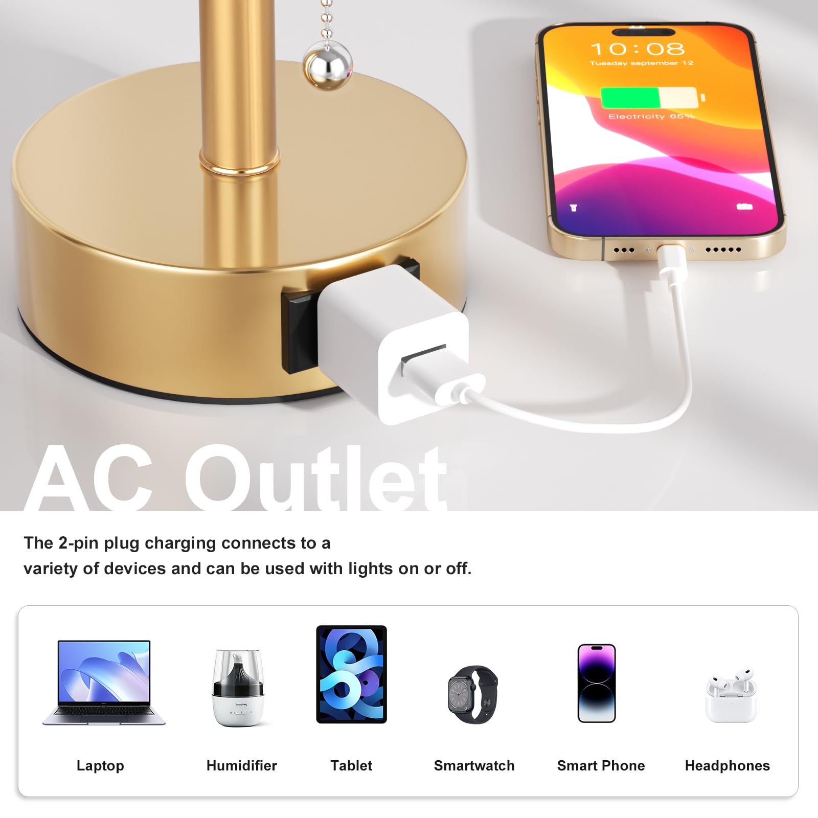 Fenmzee Gold Bedside Table Lamps Set of 2 with AC Outlet, 14.0in Pull Chain, 3 Color Temperatures for Bedroom, Office, Living Room