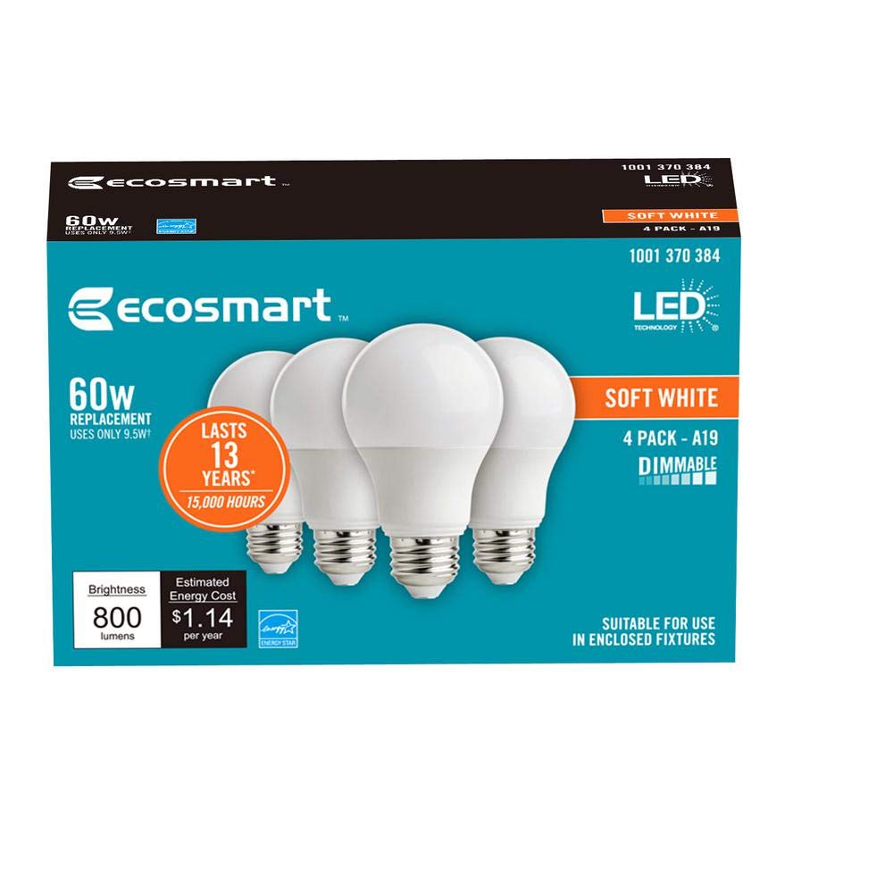 EcoSmart Dimmable LED Light Bulb, 60W Equivalent, Soft White, 4-Pack, Energy Star, A19 Model