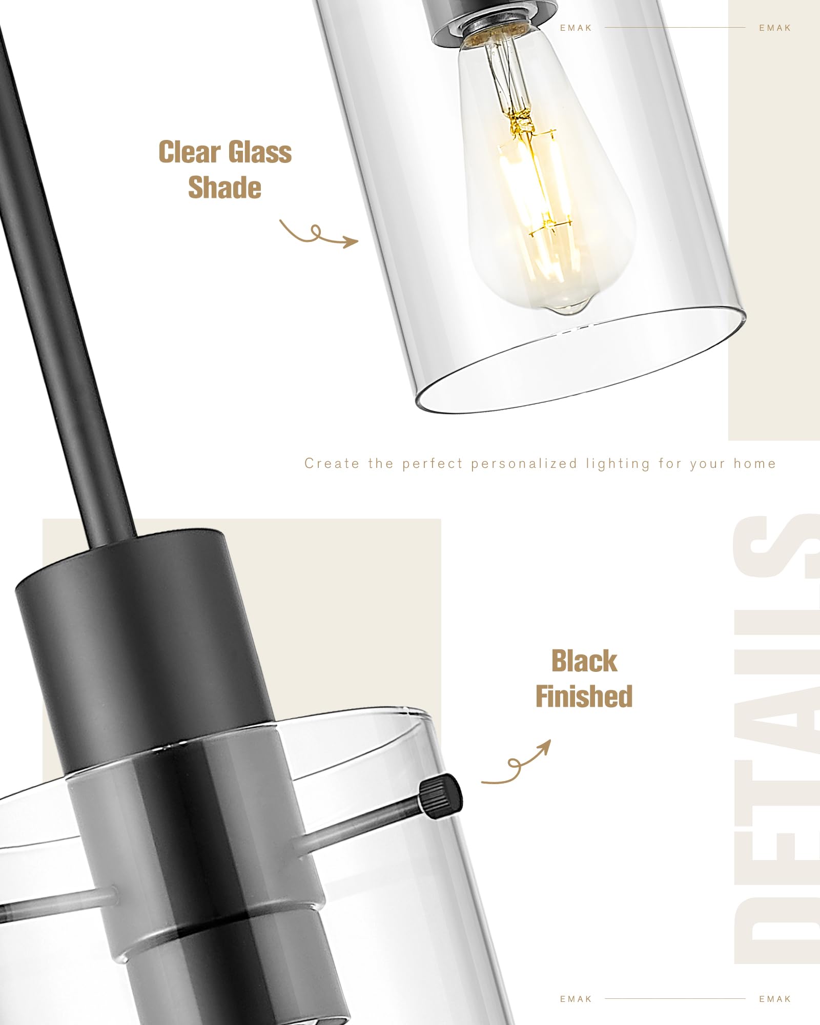 Emak Black Pendant Lights Kitchen Island, 2 Pack 5 Inch Pendant Light Fixtures With Clear Glass Shade, Modern Farmhouse Island L