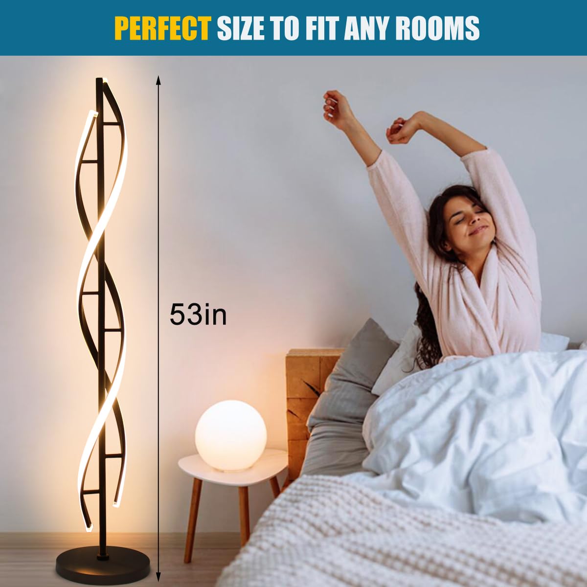 LENIVER LED Spiral Floor Lamp - 3 Color Dimmable, Remote Control, Modern Design, Black, Model LNV-FL04-B