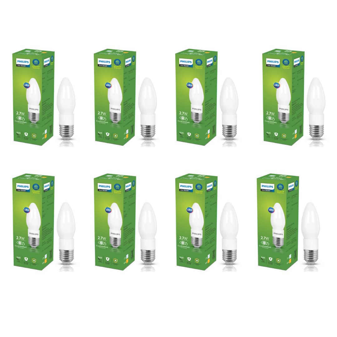 Philips Ace Saver 2.7W E27 LED Glass Candle Bulb | Candle Bulb for Home Decoration | Cool White, Pack of 8