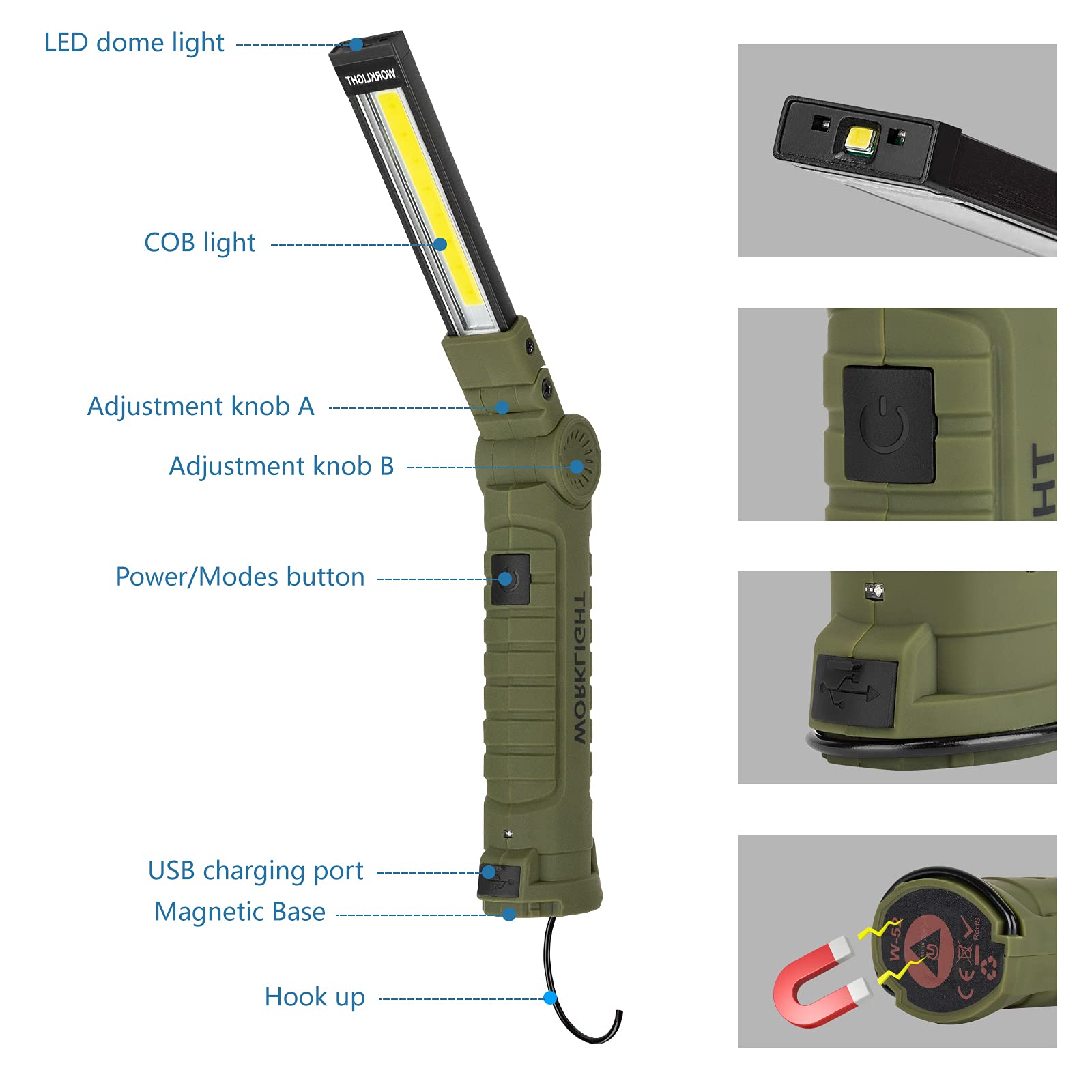 Vagocom 4 Pack LED Rechargeable Flashlight, Mechanic Tools Trouble Light Cordless Worklight with Magnetic Base 360Rotate 5 Modes