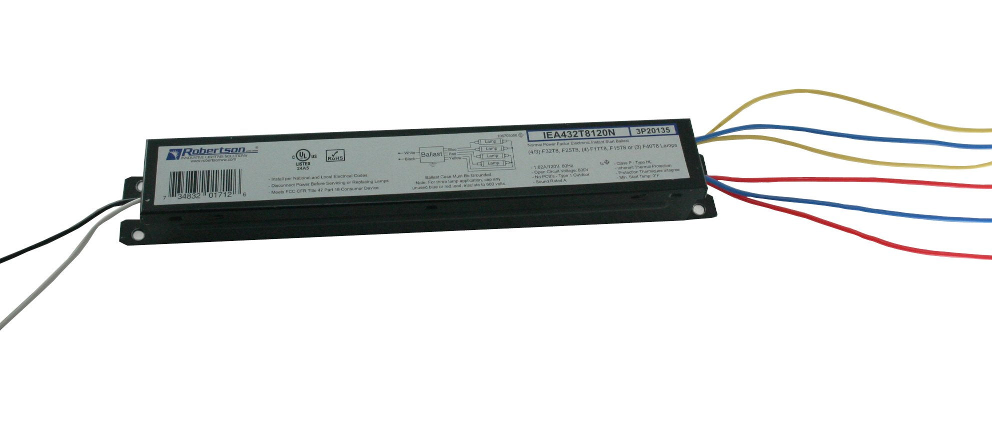 Robertson 3P20135, Iea432T8120N /B Fluorescent Eballast For 4 F32T8 Linear Lamps, Instant Start, 120Vac, 60Hz, Normal Ballast Fa