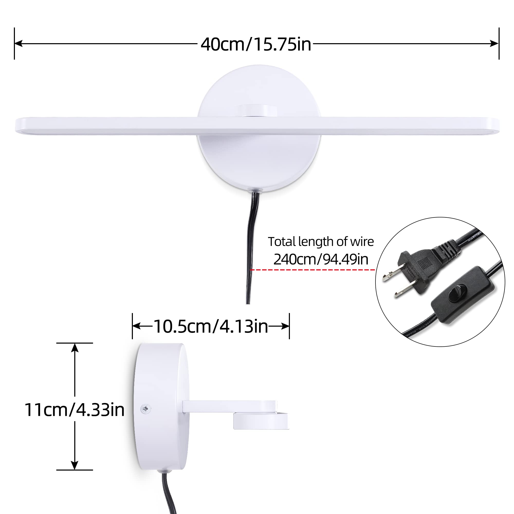 Mantolite Plug In Vanity Lighting Fixtures, White 16Inch Led Wall Lights Fixtures, Bathroom Over Mirror Lamp Modern Home Bedside Lamp Picture Sconces, 12W 3000K White Make-Up Mirror Front Lamp