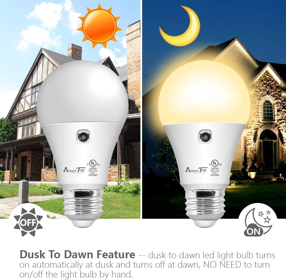 Ameritop Dusk To Dawn Light Bulb- 4 Pack, A19 Led Sensor Light Bulbs; Ul Listed, Automatic On/Off, 800 Lumen, 10W(60 Watt Equivalent), E26 Base, Indoor/Outdoor Lighting Bulb (3000K Warm White)
