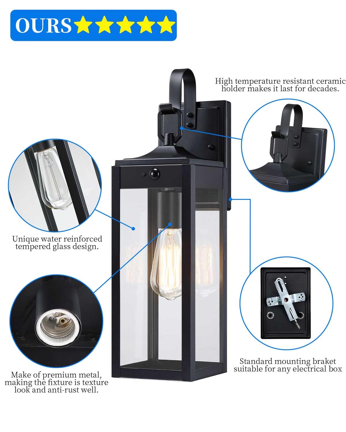 MYHXQ 18'' Motion Sensor Outdoor Lights - Black Metal Wall Sconces, Dusk to Dawn, 2 Pack, Modern Design for Porch and Garage