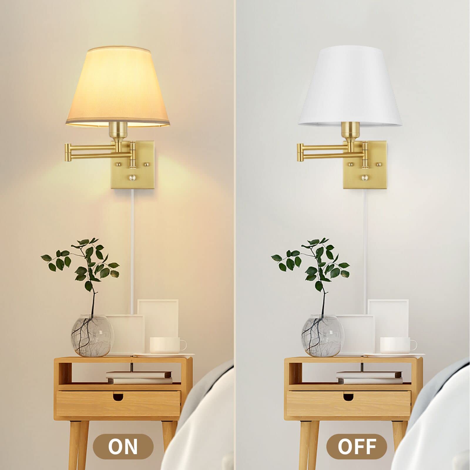 Trlife Wall Sconce Plug In, Brushed Brass Dimmable Wall Sconces Set Of 2 Swing Arm Wall Lights With Plug In Cord And Dimmer On/O