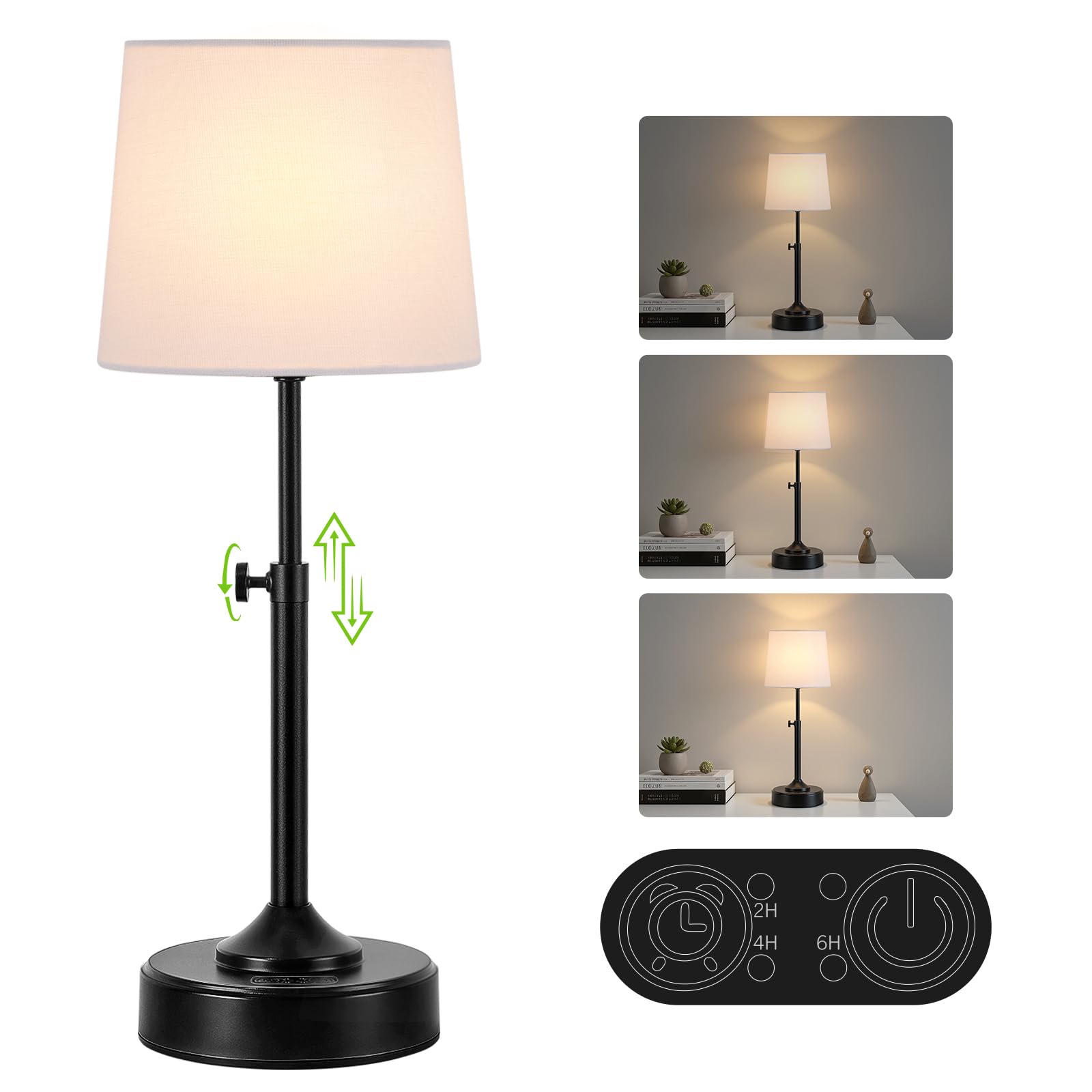 Height Adjustable Cordless Table Lamp Rechargeable with Timer, 3-Way & Stepless Dimmable LED Battery Operated Table Lamp, Wirele