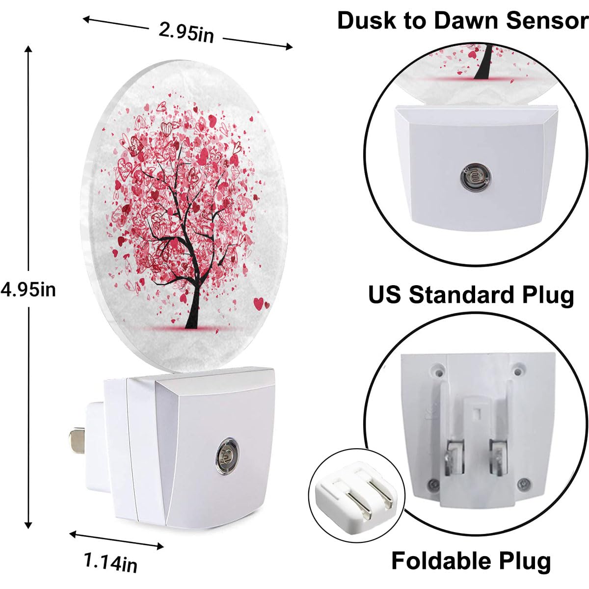 Uanvaha Abstract Art Tree Night Light Pink Red Hearts Leaves Swirled Tree Branch Plug In Night Lights Auto Led Lamp Energy Savin