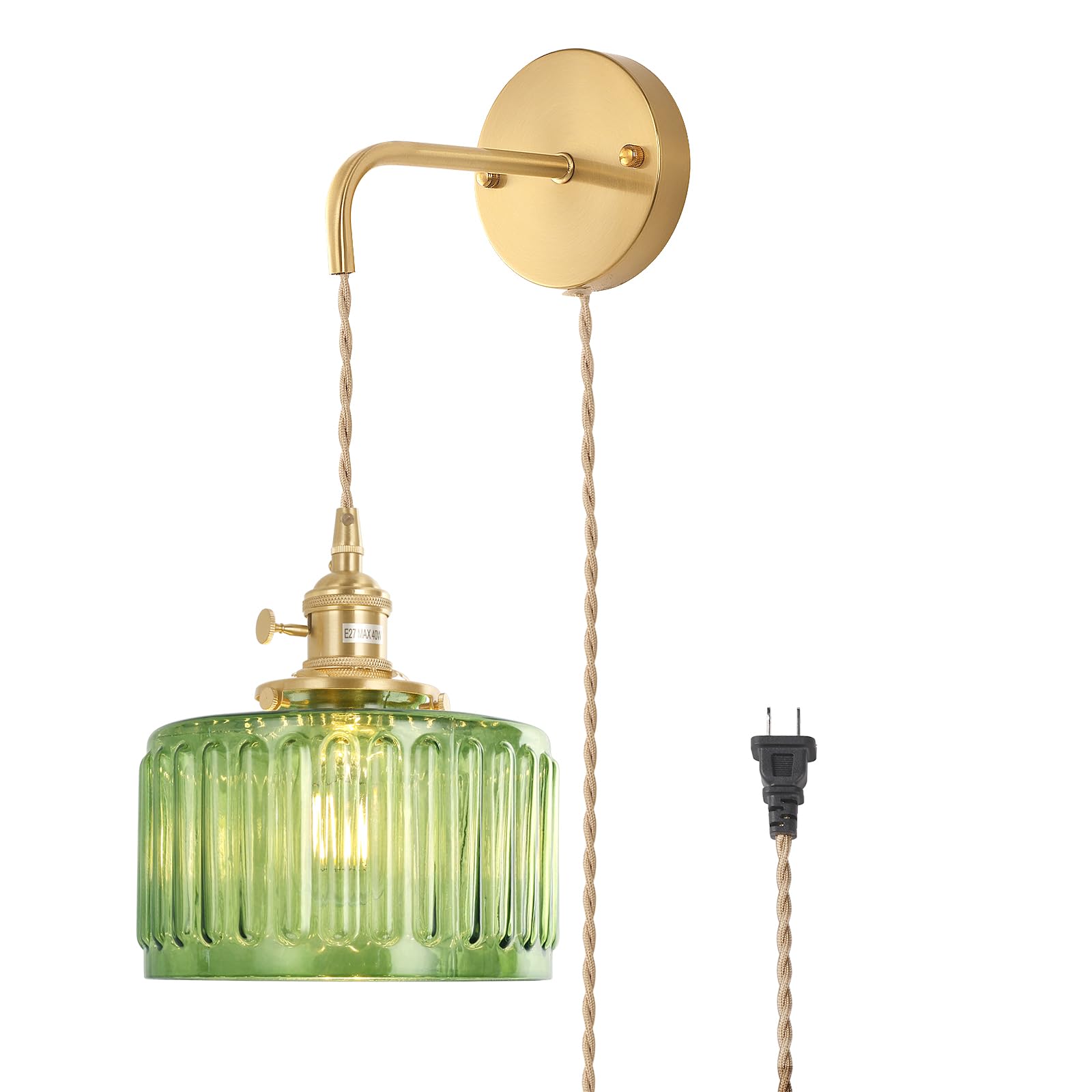 Shenmoyl Vintage Wall Sconce Lamp, Green Striped Glass Shade, Plug in, Brass, Model 1-9390