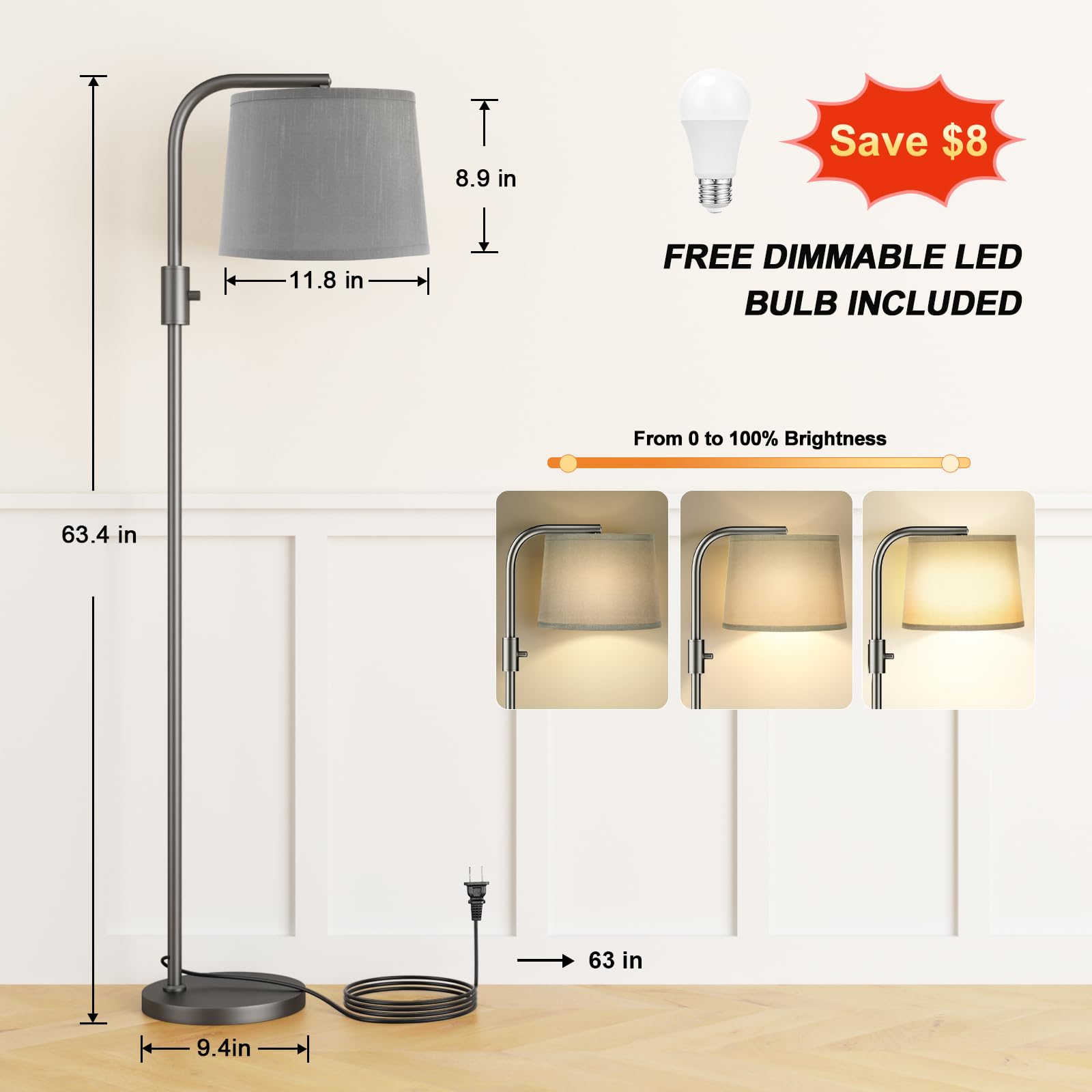 Ambimall Fully Dimmable Floor Lamp - Floor Lamps 9W Led Light Bulbs, Standing Lamps For Living Room With Adjust Head, Modern Sta