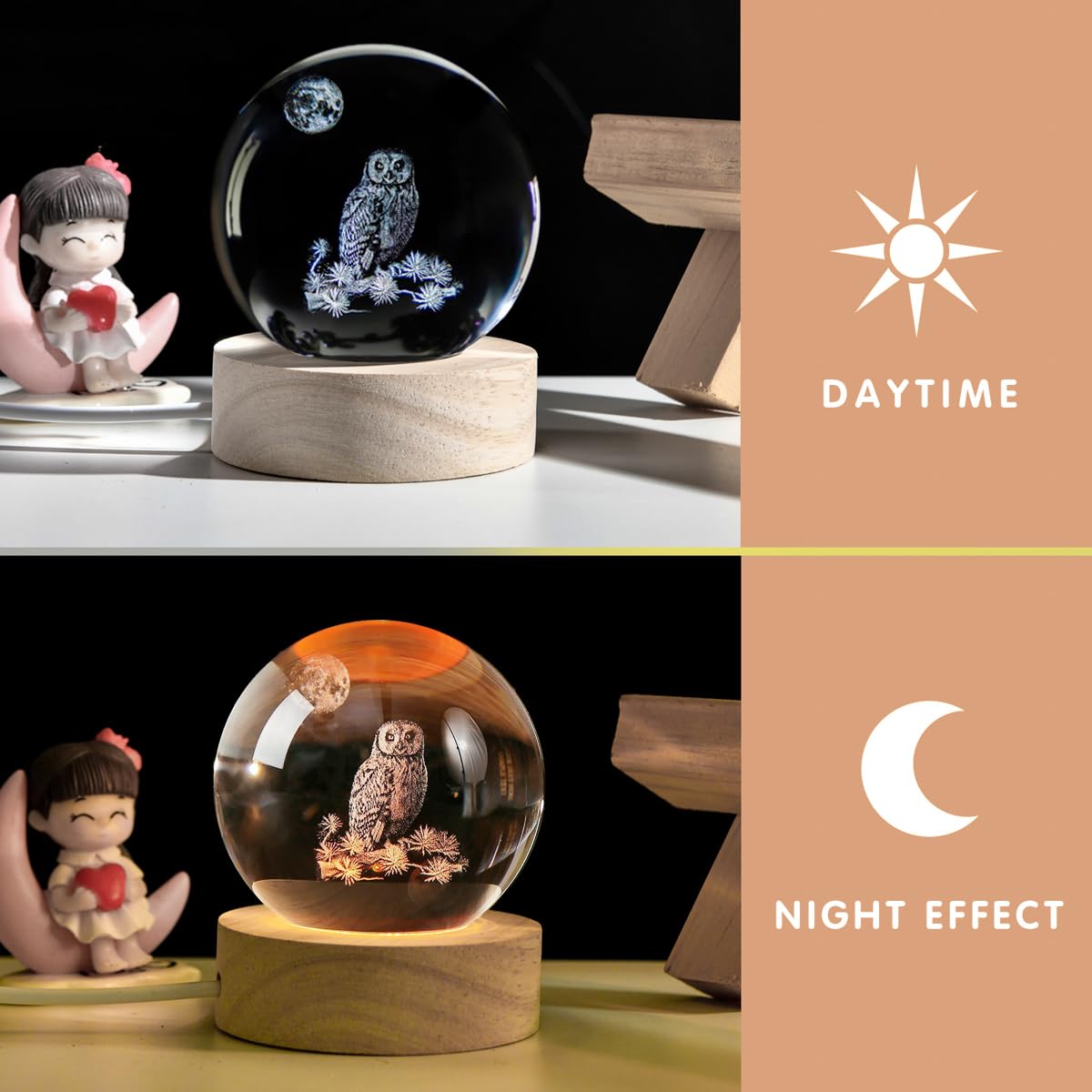 Qianchang 3D Owl Crystal Ball Night Light With Led Stand,Crystal Owl Figurine Lamp,Laser Etched Engraved Glass Paperweight,Owl D