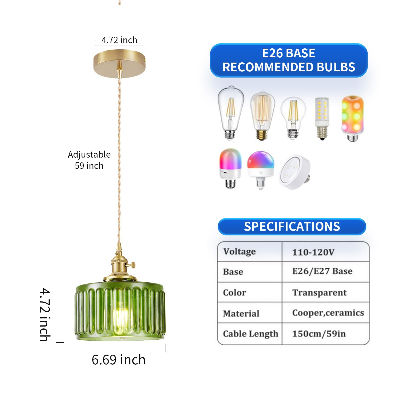 WimiSom 2 Pack Industrial Pendant Lighting, Glass Shade, Adjustable, Green