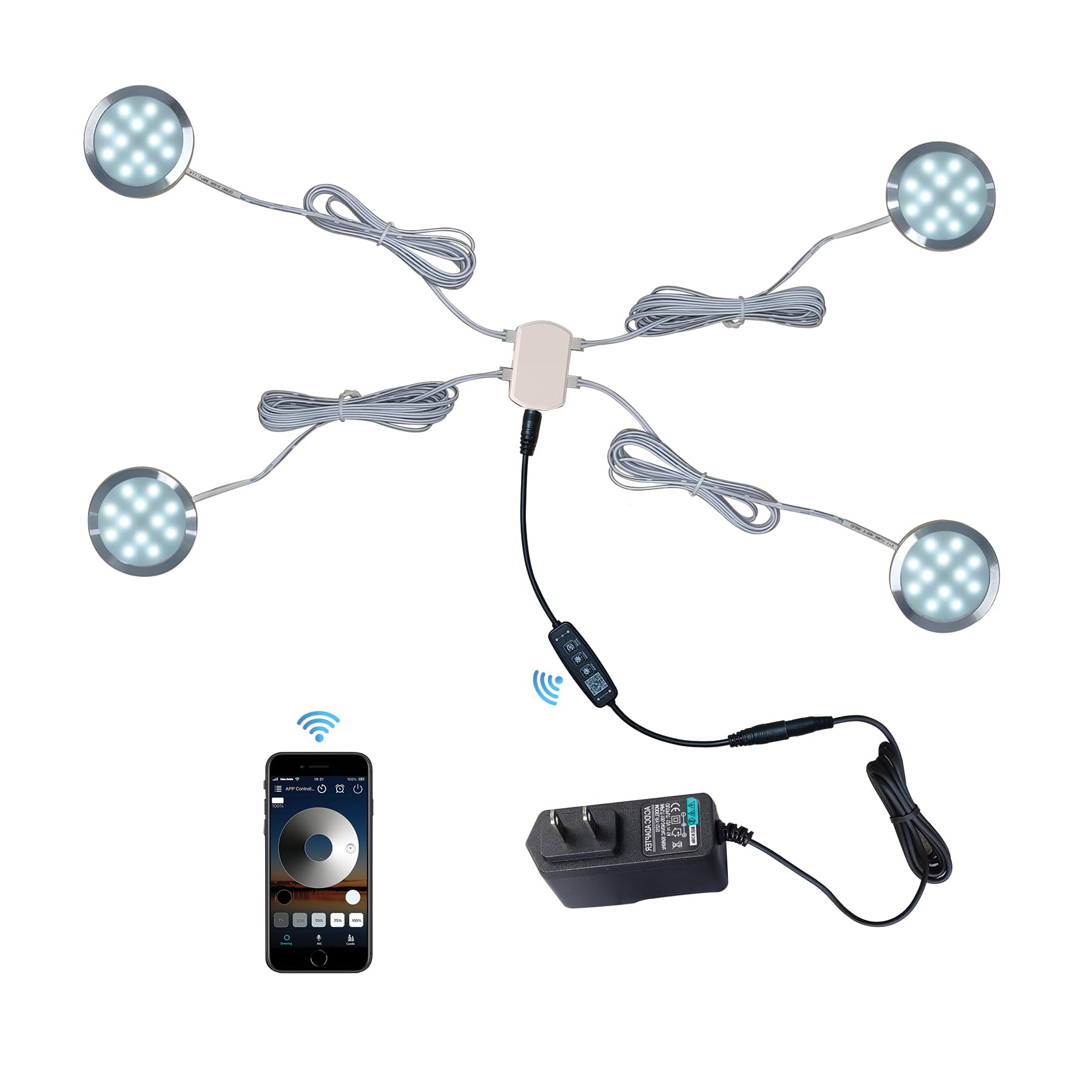 CRISETEK Puck Lights Smart Control Dimmable 12V Under Cabinet Lighting APP 4Pack Silver Cool White Light