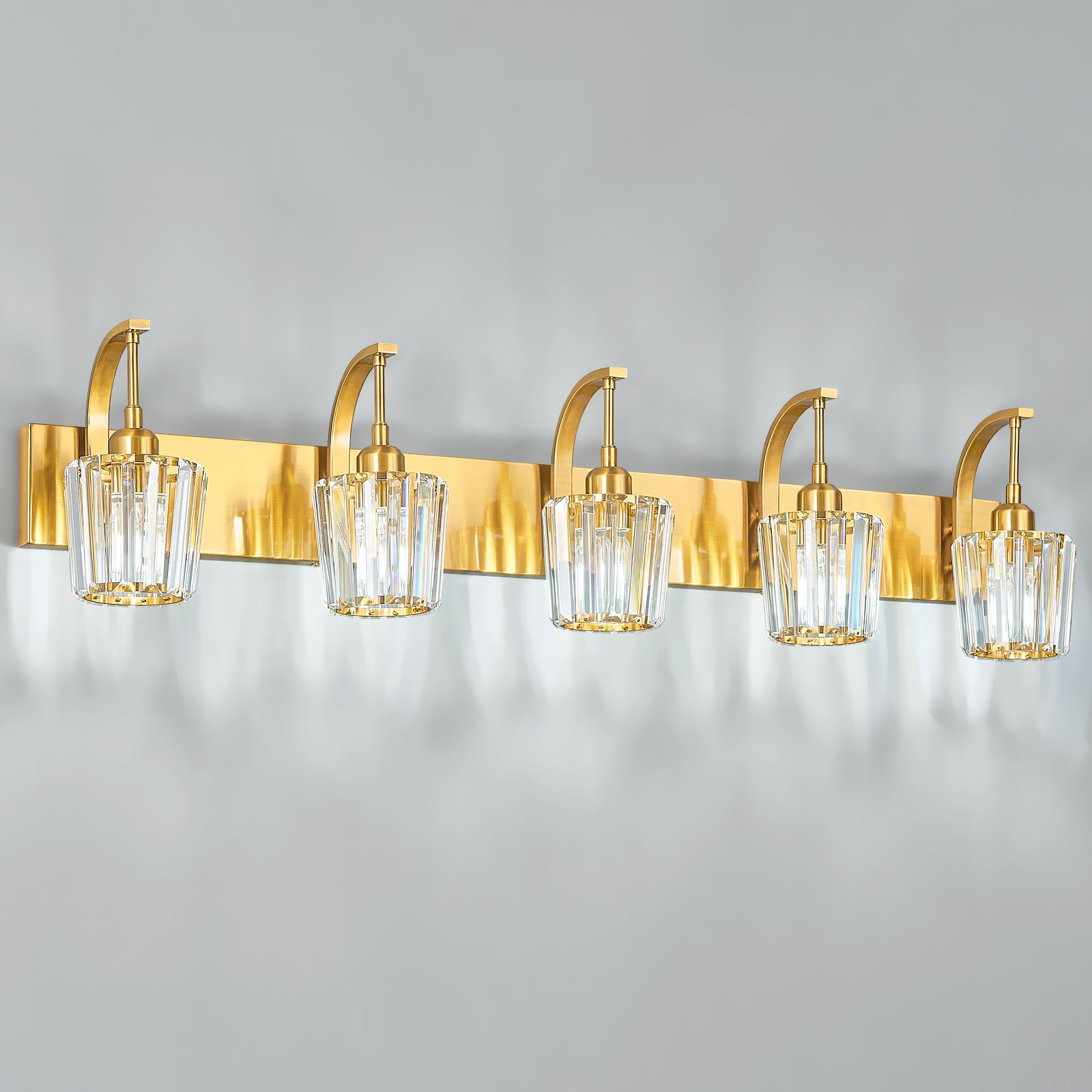 Fdpby Modern Bathroom Vanity Light  5-Light Gold Wall Sconce With Crystal Accents  Over Mirror Bathroom Lighting Fixture  42.52 Long Dimmable Vanity Lamp For Makeup  Easy Installation