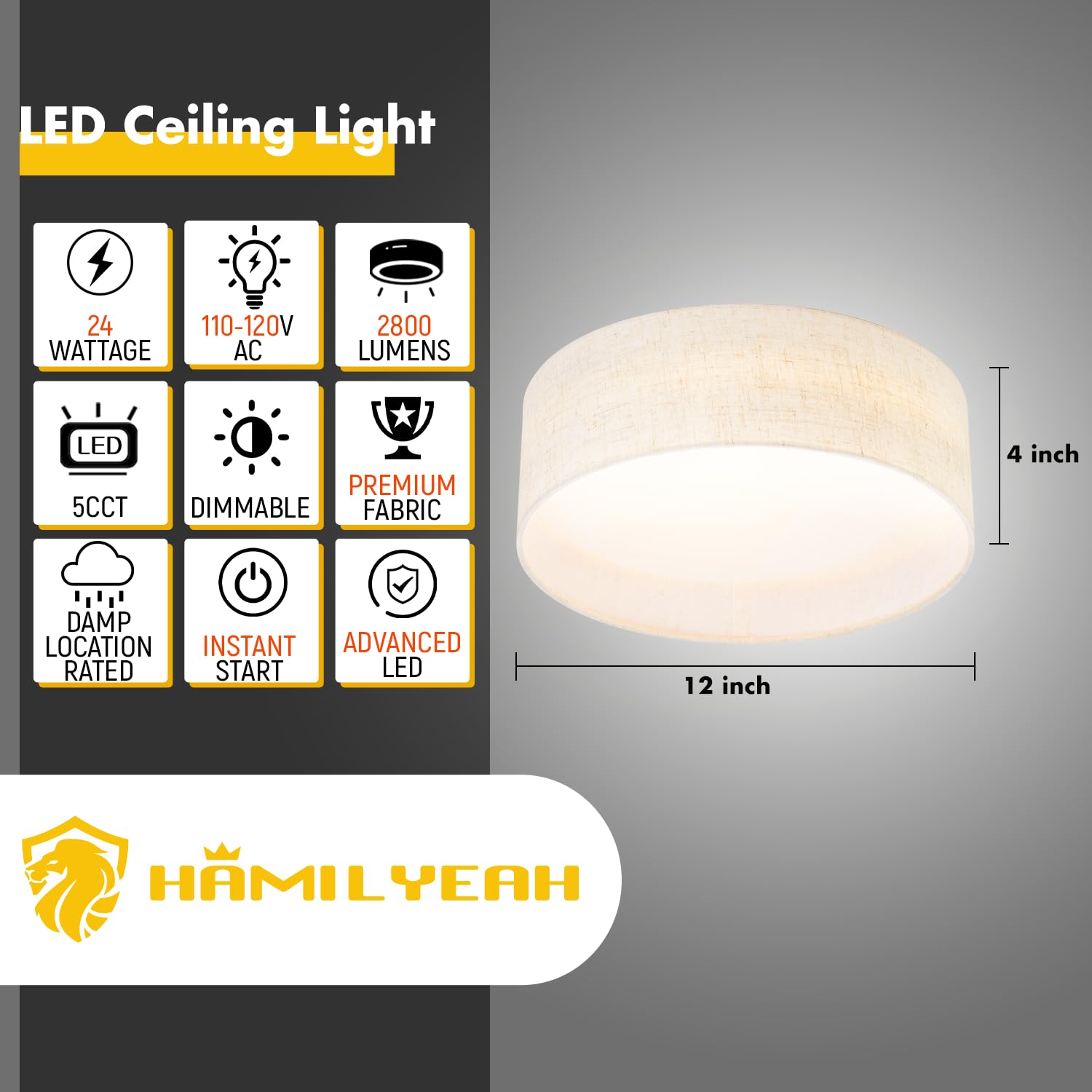 Hamilyeah 24W Led Ceiling Light, 12&quot; Dimmable Fabric Shade Fixture For Kitchen & Living Room