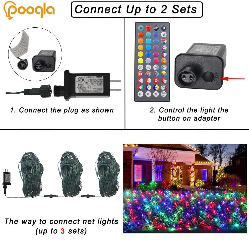 Pooqla Color Changing LED Mesh Lights, 204 LED, 9.8x6.6 ft, Durable Plastic, White, Connectable with Remote for Indoor/Outdoor Decor