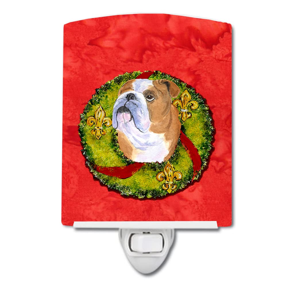 Caroline'S Treasures Ss4181Cnl Bulldog English Cristmas Wreath Ceramic Night Light Compact, Ul-Certified, Ideal For Bedroom, Bathroom, Nursery, Hallway, Kitchen, 6X4X3, Multicolor