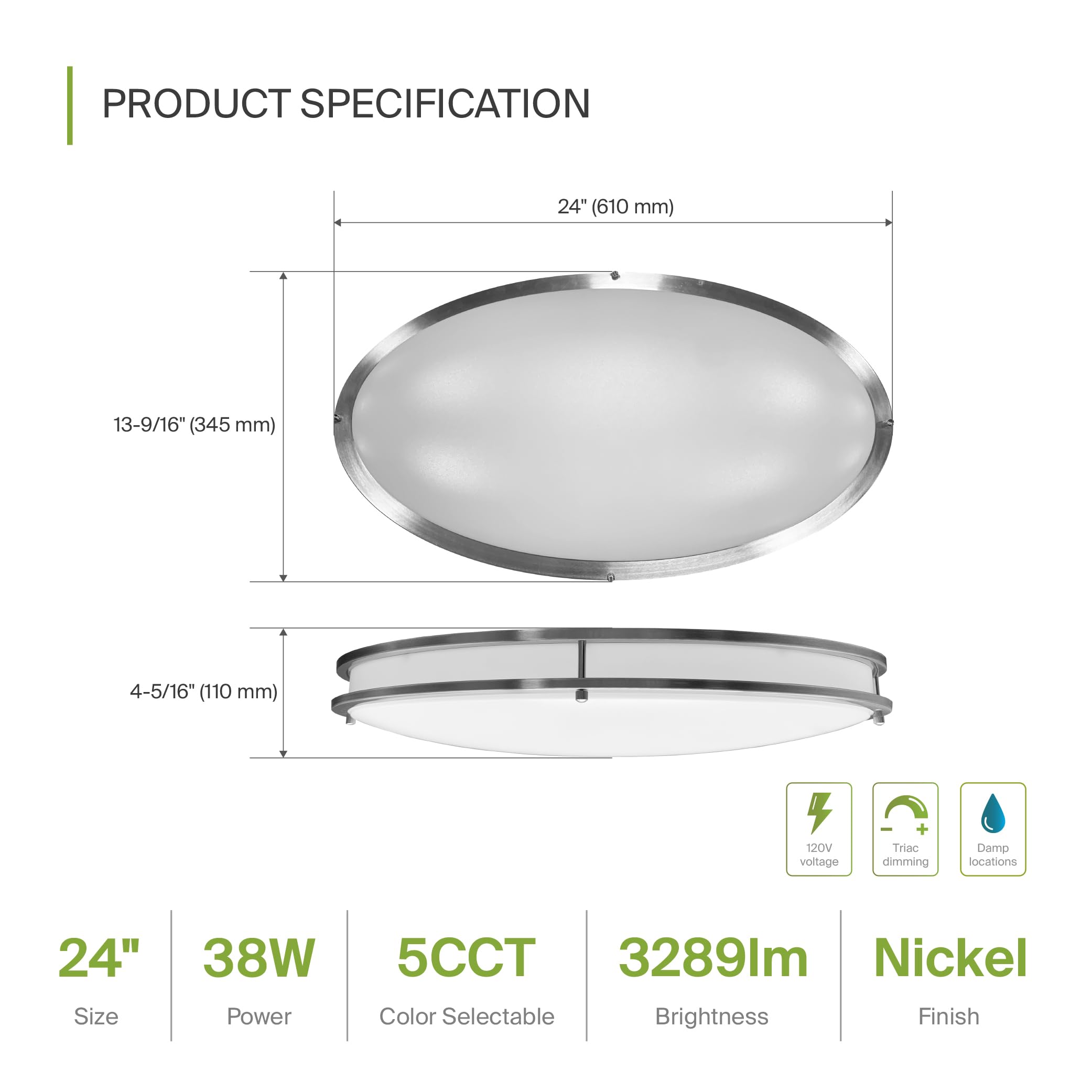 Asd Led 24 Inch Oval Flush Mount Light Fixture | 38W 3280Lm 2700K-5000K 120V | 5Cct, Dimmable, Etl Listed | Close To Ceiling Dou