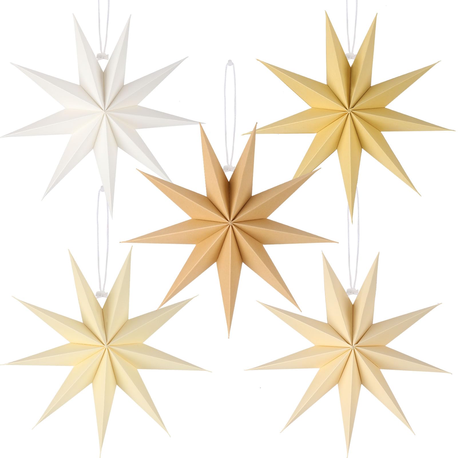 BestoFun 12 Inches 5 PCS Natural Beige Paper Star Lanterns Christmas Party Decorations Hanging Stars Wedding Birthday Christmas Home Party Decorations(9 Pointed)