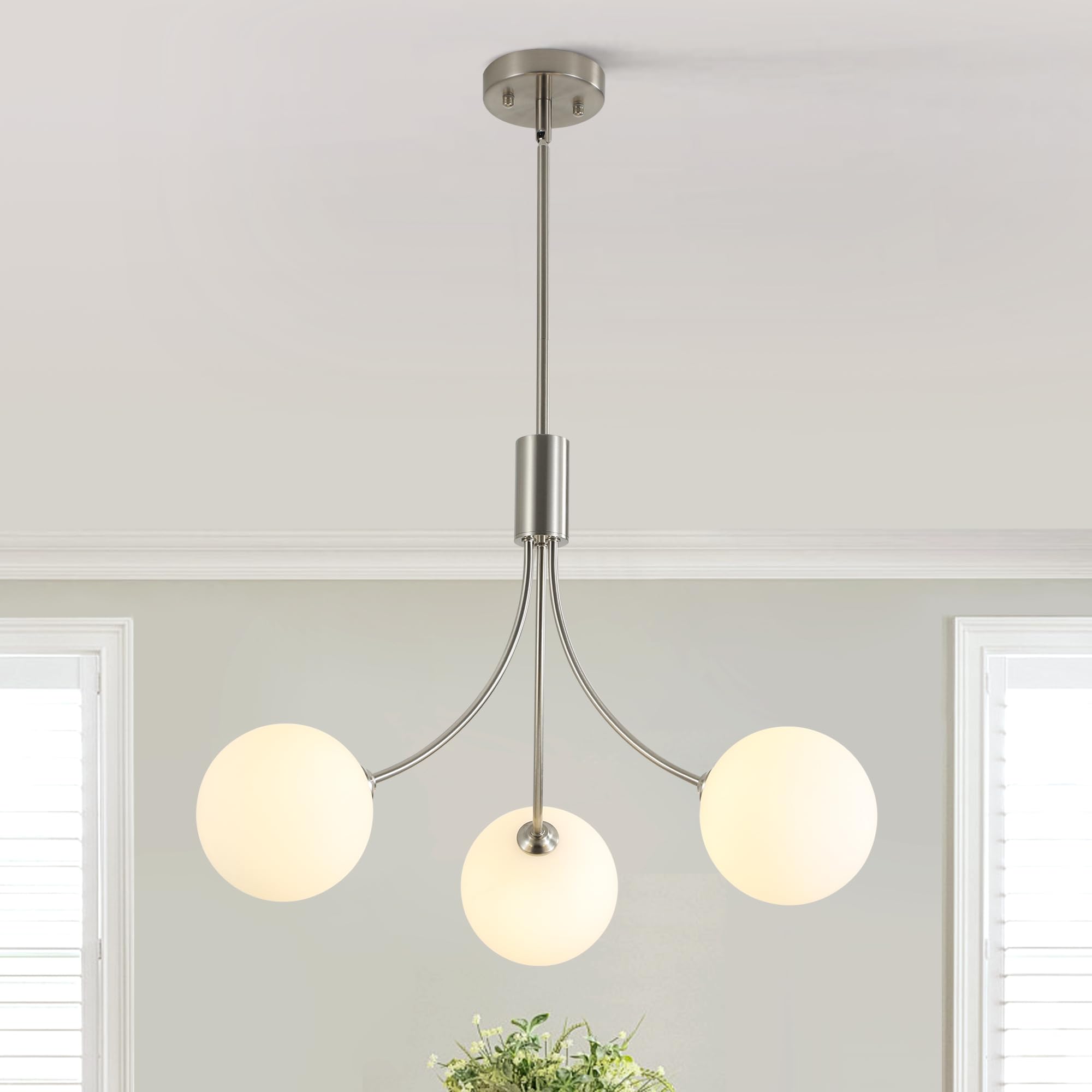 CNRATYE 3-Light Brushed Nickel Chandelier Milk Globe Glass Pendant Lights Kitchen Island  Modern Sputnik Globe Chandeliers for Dining Room Entryway Hallway Foyer Bedroom Office Bathroom