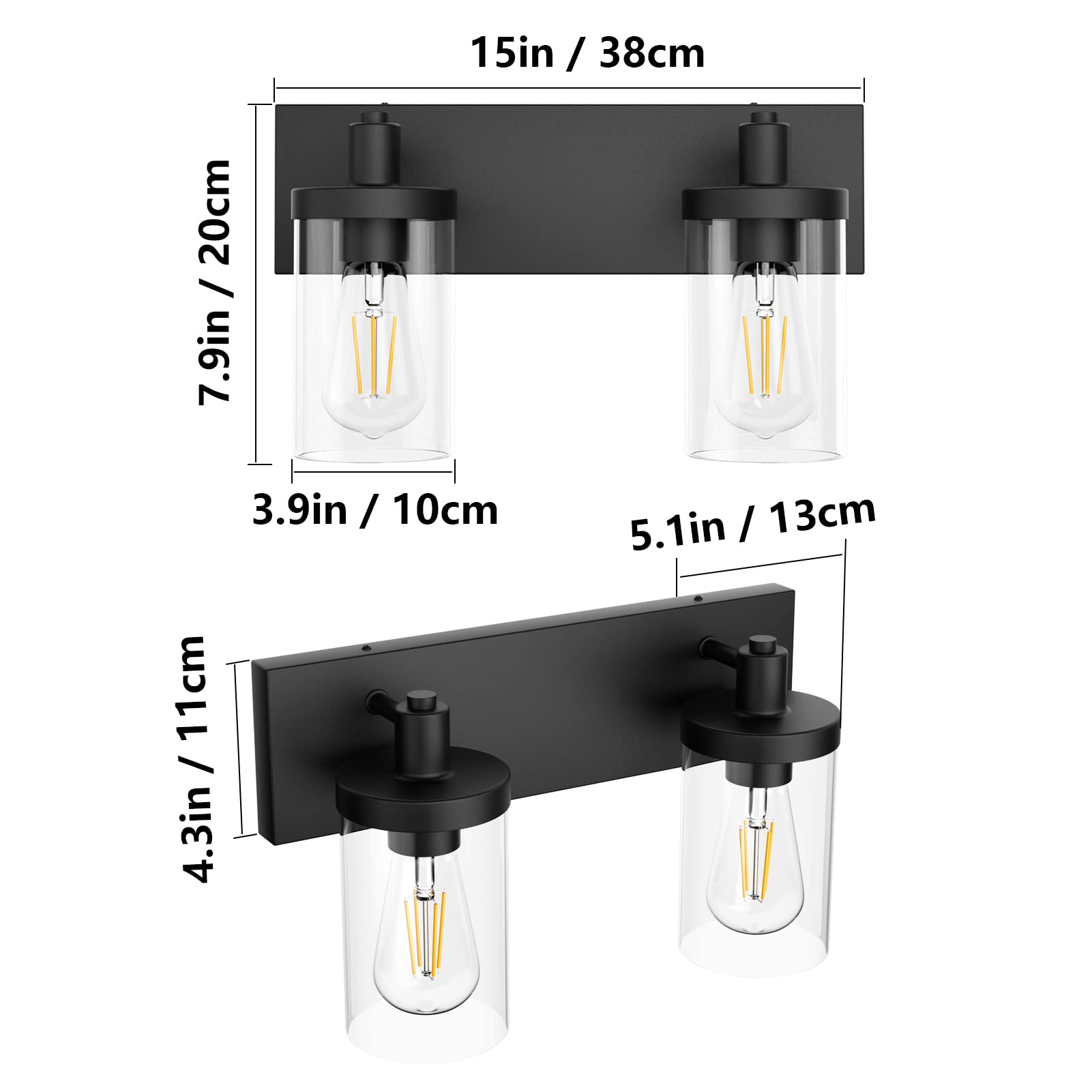 Aipsun Vintage Black Bathroom Light Fixture, 2-Light Industrial Wall Sconce with Clear Glass Shade, Model 1136