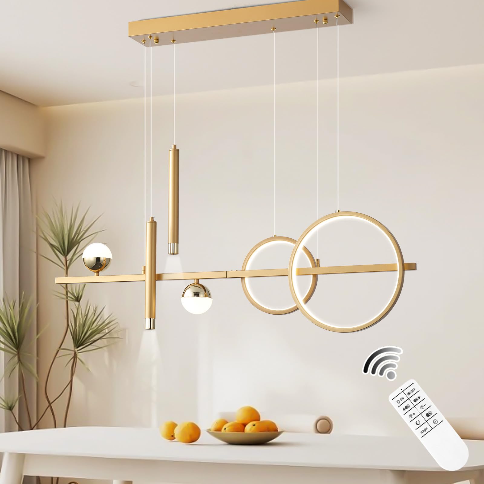 ORANOOR LED Gold Chandeliers for Dining Room, 39in Dimmable Modern Chandelier Gold Pendant Lights for Kitchen Island, Linear Rin