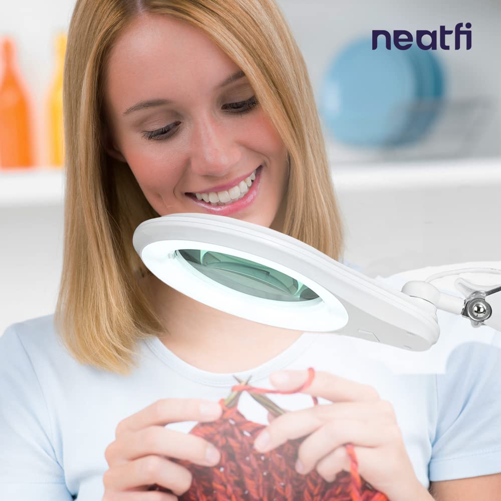 Neatfi (New Model Bifocals 1 200 Lumens Super Led Magnifying Lamp With Clamp  Dimmable  5 Inches Diameter Lens  Adjustable Arm Utility Clamp (8 Diopter + 20 Diopter  White)