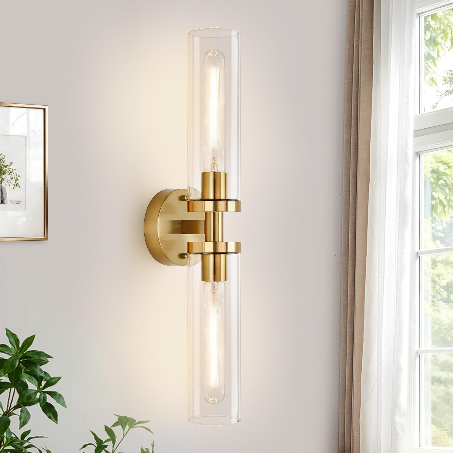 Indoi Brushed Gold Wall Sconces  Hardwired Bathroom Sconces Wall Lighting with Clear Glass  Modern Sconces Wall Light fixtures for Bathroom Mirror Living Room Hallway Bedroom