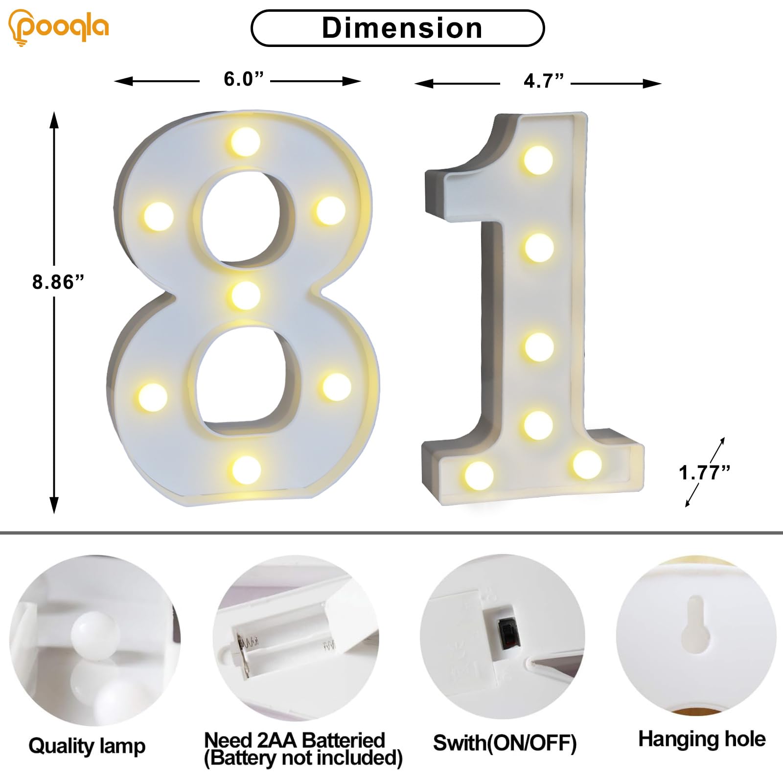 Pooqla Decorative Led Light Up Number Letters, White Plastic Marquee Number Lights Sign For 81Th Birthday Party Wedding Decor Battery Operated Number (81)