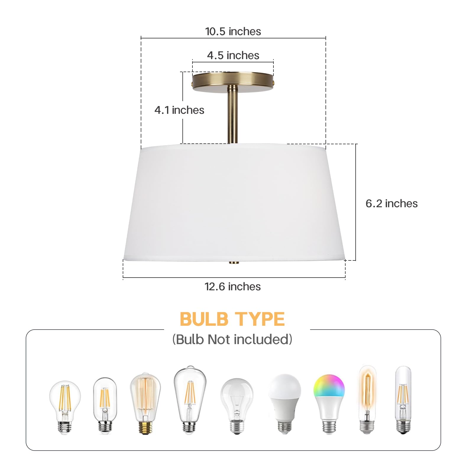 Calokes Modern Cone-Shaped Semi Flush Mount Ceiling Light Fixture, 3-Light Drum Lamp With Gold Brass Finish And White Fabric Sha