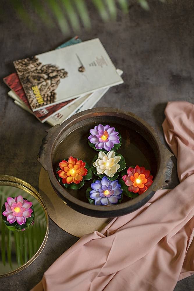 SATYAM KRAFT 4 Pcs Sensor Water Floating Diyas Smokeless Flameless Candles Lotus Flowers Led Tea Light Candle for Pool, Pond, Gl
