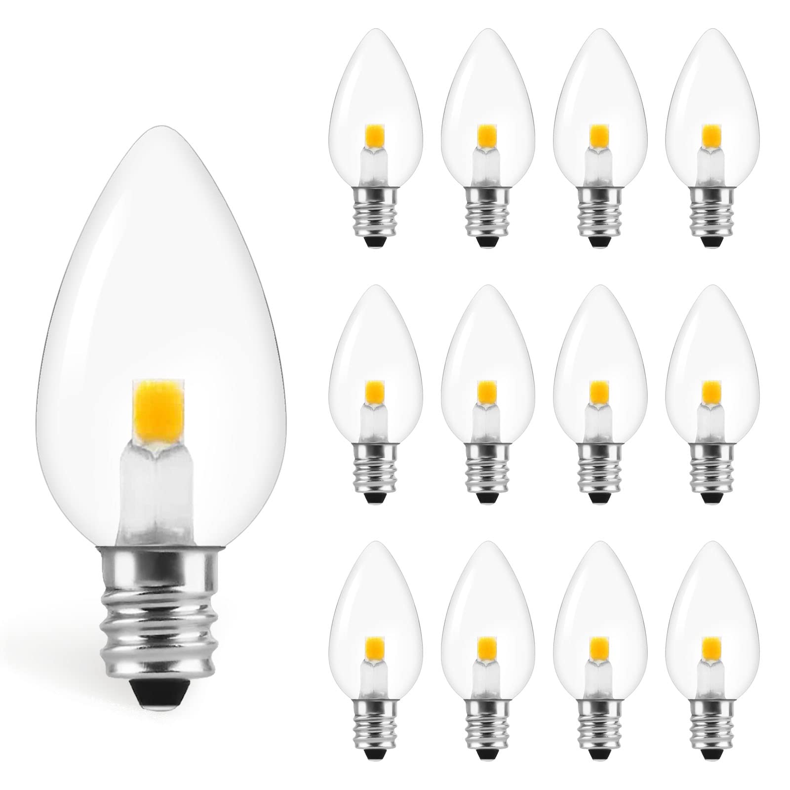 Visther C7 Led-Cob Night Light Bulbs, E12 Base Candelabra Replacement Bulb, Warm White String Light, 0.6W Equivalent 7W (12 Pack