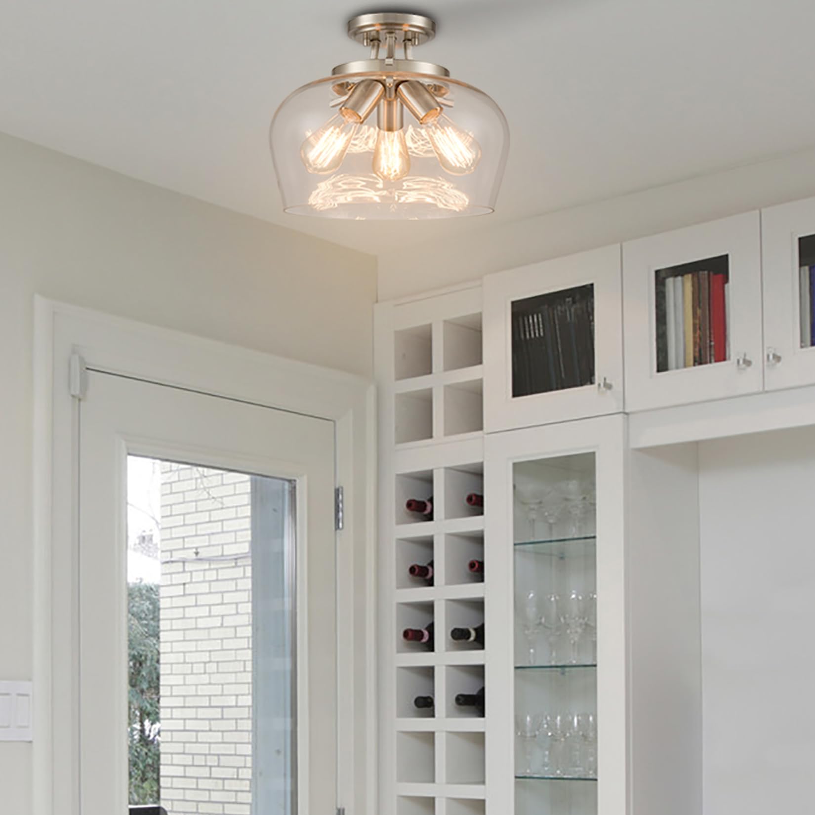 Teenyo Modern Brushed Nickel Pendant Light Fixture 3-Light Glass Pendant Lighting Brushed Nickel Clear Glass Pendant Light With