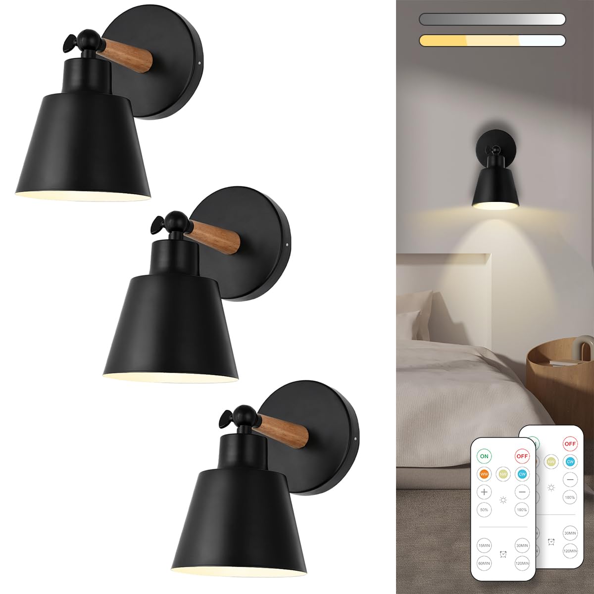 Bimean Black Battery Operated Wall Sconce Set Of 3, Easy To Install Wireless Lights For Wall, Remote Control Dimmable Led Lights