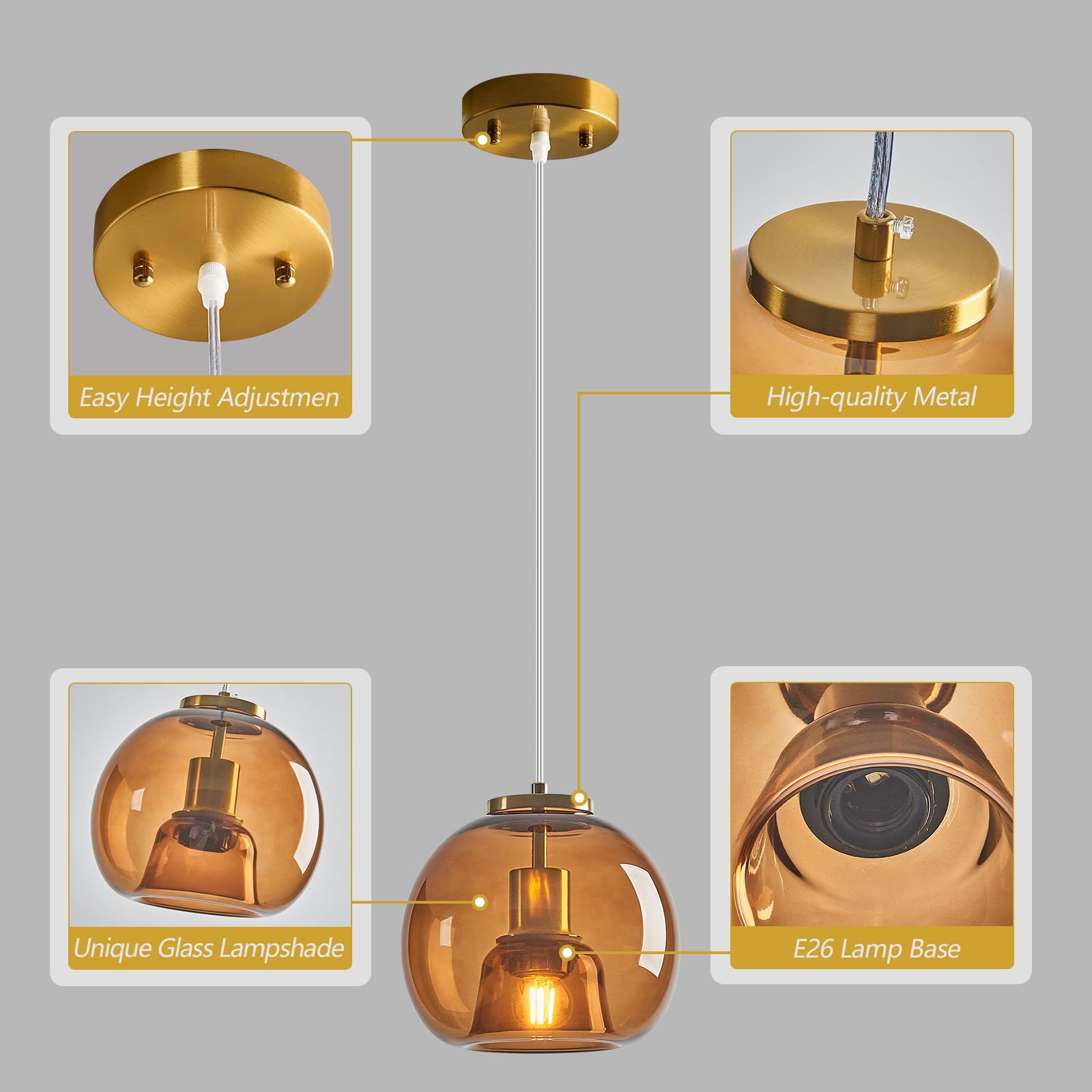 Lbsqj Brown Glass Pendant Lights Kitchen Island Gold Hanging Light Fixture Glass Globe Pendant Light Modern Pendant Lighting For Kitchen Island Bedroom Dining Room (7.87  2 Pack)