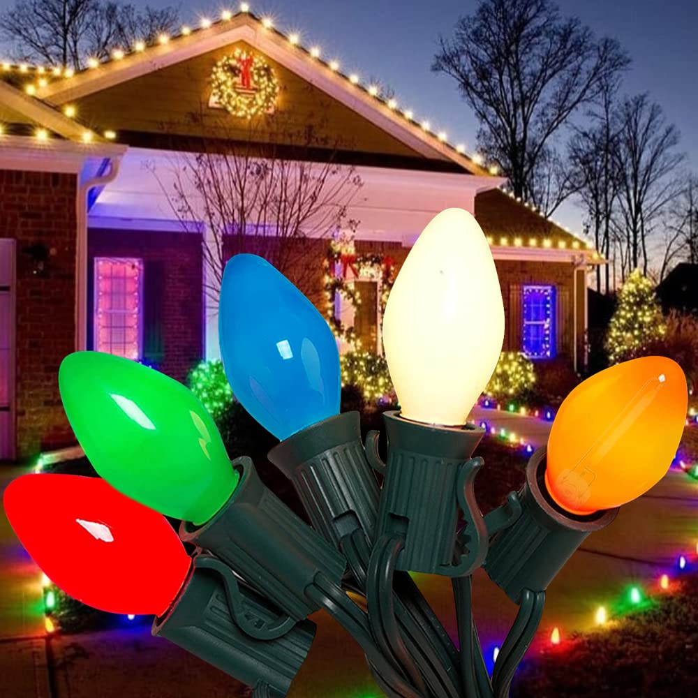 Couah C7 LED String Lights, 25Ft Multicolor Ceramic Bulbs, Outdoor Decor for Christmas Party & Wedding, Green Wire