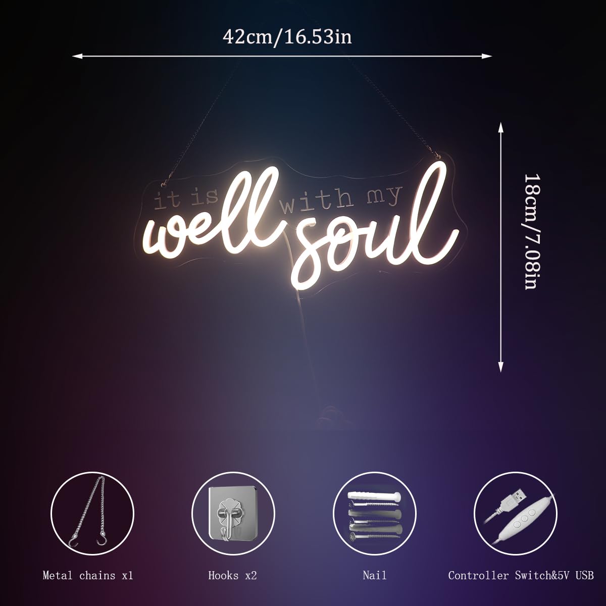 It Is Well With My Soul Decorative Neon Sign  Positive Relax Quotes Led Sign  Christian Gifts Desk Sign Decor For Home Office Wall (Warm White)