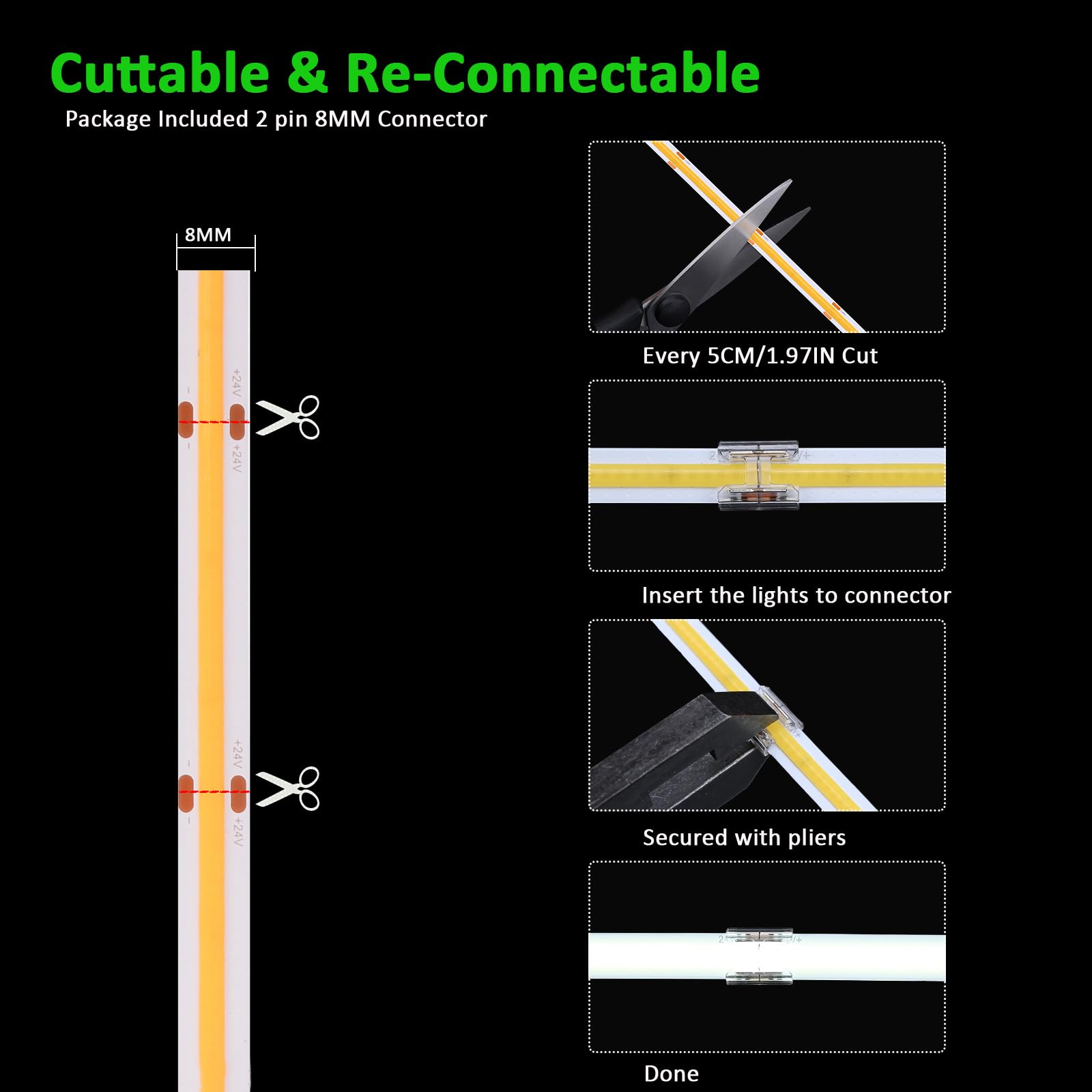 Joylit 49.2Ft/15M Cob Led Strip Lights 24V 3000K Warm White Indoor, 480Leds/M High Density Spotless Cri 90+ Dimmable Flexible Ta