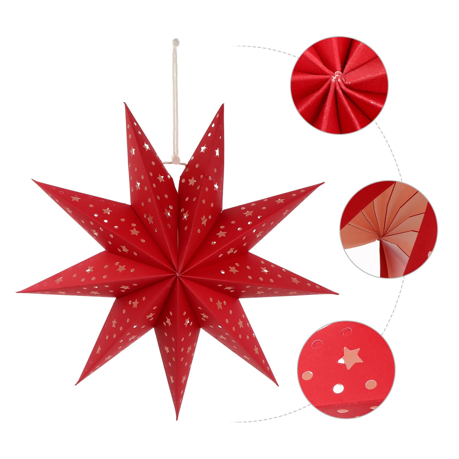 3Pcs Paper Star Lantern Lampshade 9 Pointed Star Hanging Decorations For Christmas New Year Wedding Party Holiday Birthday, Red