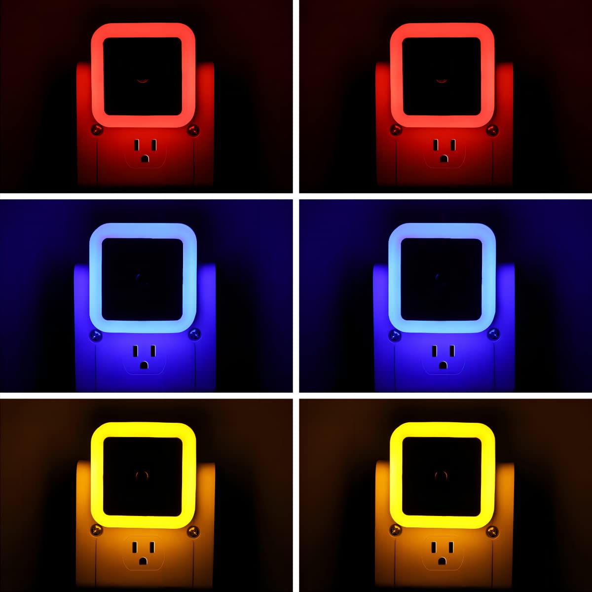 KINUR LED Night Light 6 Pack with Dusk to Dawn Sensors, Plastic, Red Blue Amber, Model GB603