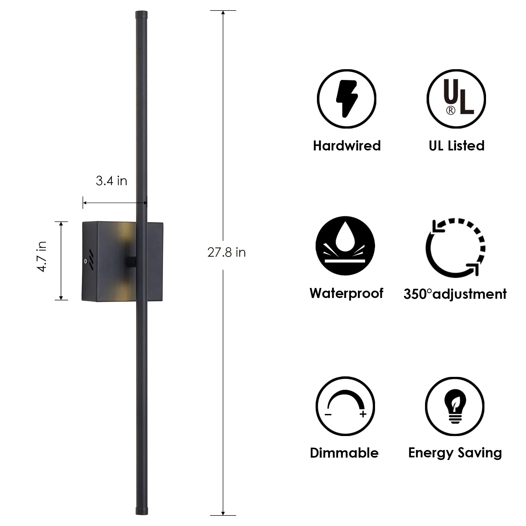 KARTOOSH Dimmable Wall Sconces Set of Two, 27.8" Matte Black LED Light Fixtures, Hardwired, 350° Rotate, 3000K Warm Light