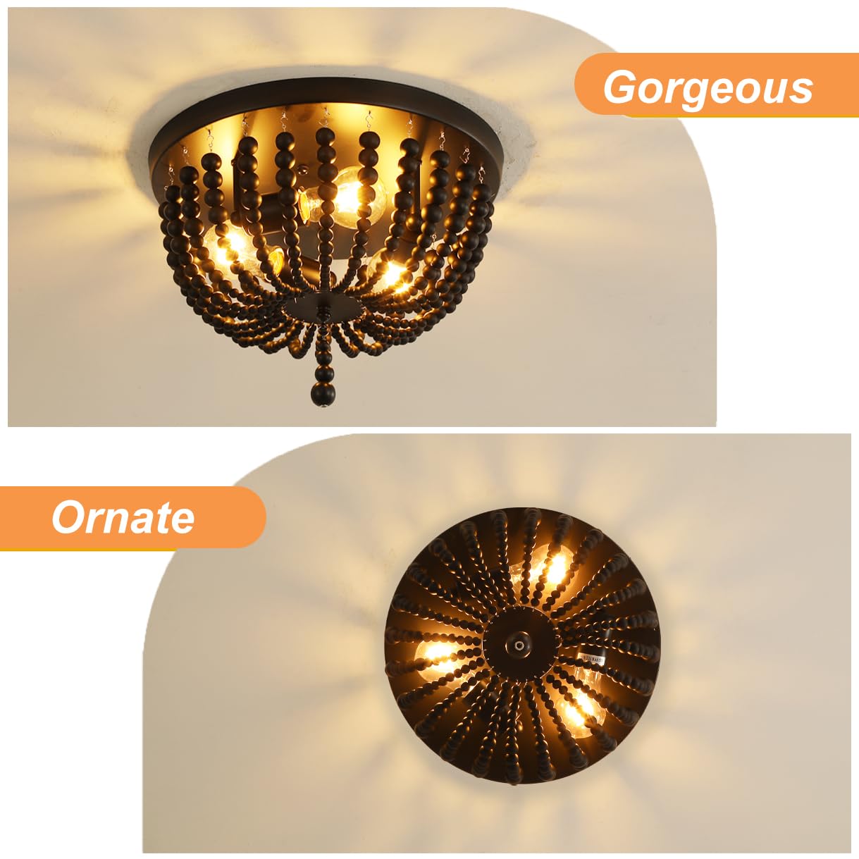 Black 14.1 Inch Boho Chandelier,3-Light Wood Beaded Chandelier Light Fixture Bohemia Draped Bead Chandelier, Flush Mount Ceiling