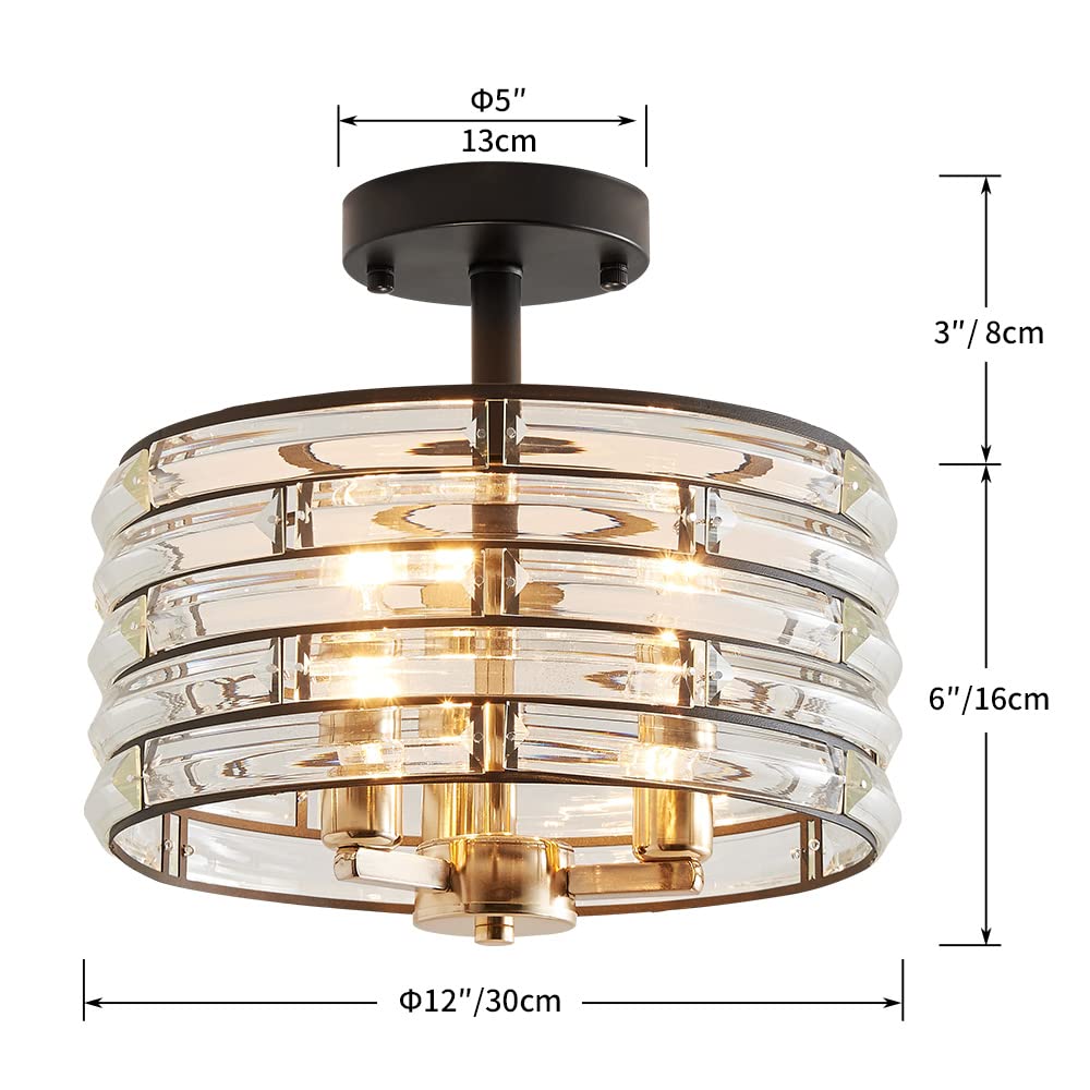Agv Lighting Ch015Bb Crystal Semi Flush Mount Ceiling Light Fixture, E12 Base 3-Lights, D12 X H 9'', Crystal Lamp Shade, Light G