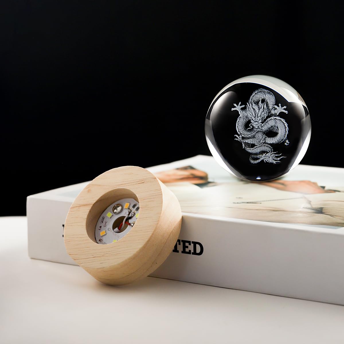 Hochance 3D Dragon Crystal Ball Lamp With Adjustable Brightness Led Wooden Base Night Light For Kids Teens mature-themeds Birthday Gift Home Desk Office Bedroom Decor (6Cm / 2.4 )