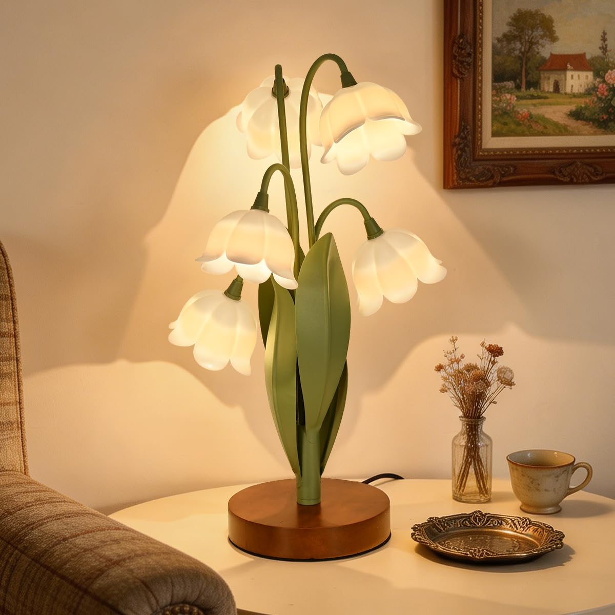 Flower Table Lamp for Bedroom, Cute Reading Light with 5 White Tulip Flower of The Valley, Desk Lamp Bedside Lamps for Nightstan